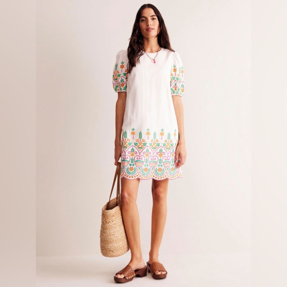 Boden Embroidered White Linen Knee Length Dress Size 8 Long